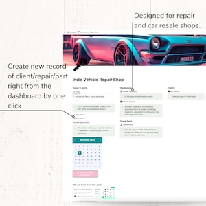 Indie car garage Notion setup
Car repair shop accounting templates
Notion for vehicle restoration projects
Auto repair cost estimation in Notion
Vehicle flipping spreadsheet in Notion