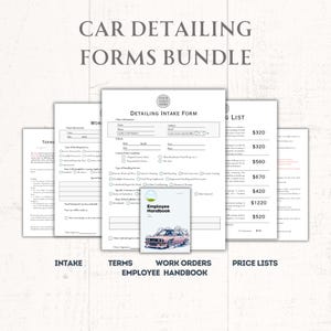May include: A set of printable forms for car detailing businesses. The forms include an intake form, terms and conditions, work orders, and a price list. The forms are designed to help businesses streamline their operations and provide a professional look.