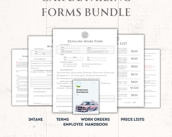 May include: A set of printable forms for car detailing businesses. The forms include an intake form, terms and conditions, work orders, and a price list. The forms are designed to help businesses streamline their operations and provide a professional look.