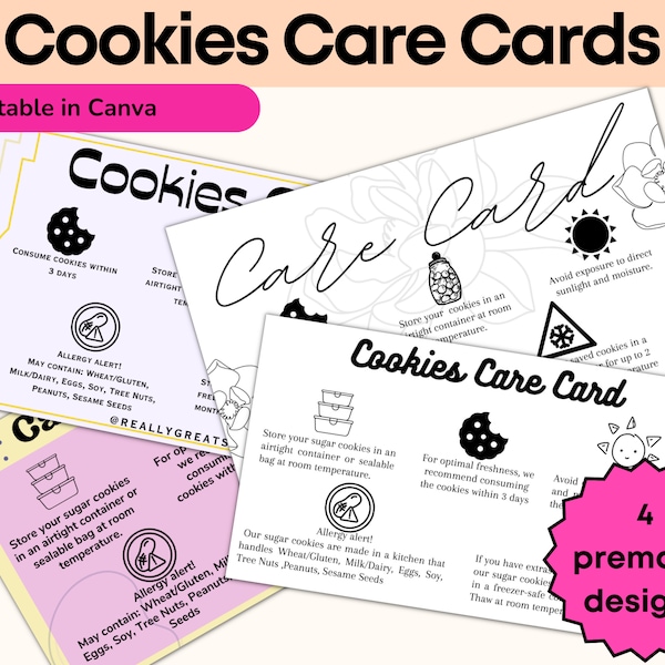 Cookies Care Card Bundle Sugar Cookie Cake Card Template Bakery Business Card Baking Thank You Card Small Business Template Allergy Cards