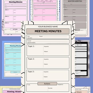 May include: A set of printable meeting minutes templates in black and white with pink, blue, and yellow accents. The templates include sections for date, attendees, project, purpose, expected outputs, topics, keypoints, outputs, actions, to do, assigned to, and due date.