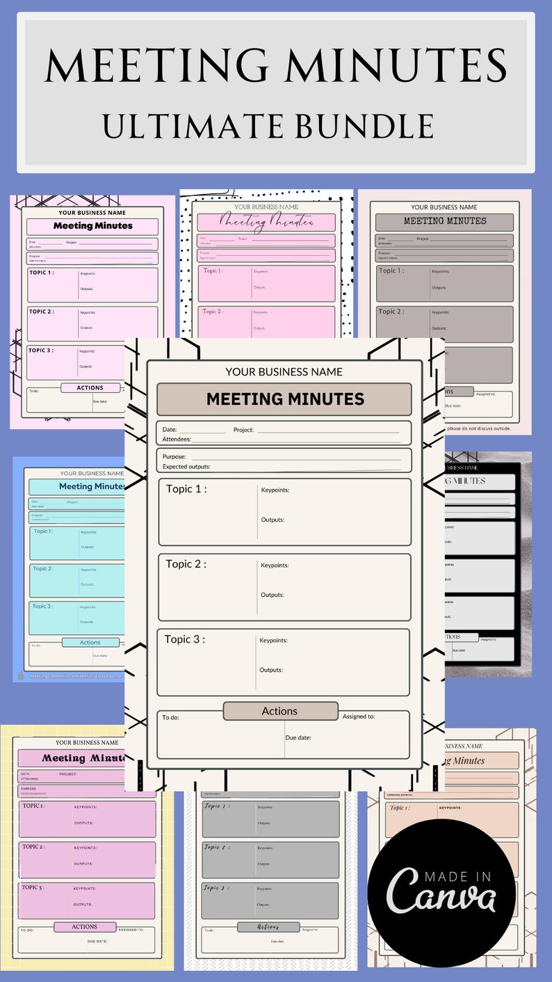 May include: A set of printable meeting minutes templates in black and white with pink, blue, and yellow accents. The templates include sections for date, attendees, project, purpose, expected outputs, topics, keypoints, outputs, actions, to do, assigned to, and due date.
