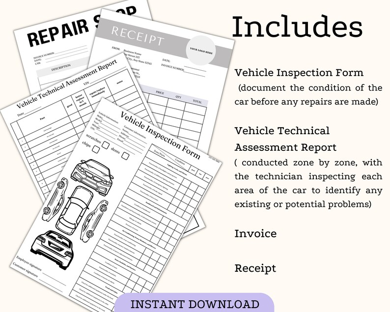 Visual Vehicle Inspection Report Car Repair Shops Forms Etsy