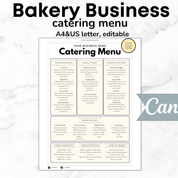Catering Menu Editable Template Price List Restaurant Food Menu DIY Business Menu Template Customizable Menu Design Bakery Catering Menu