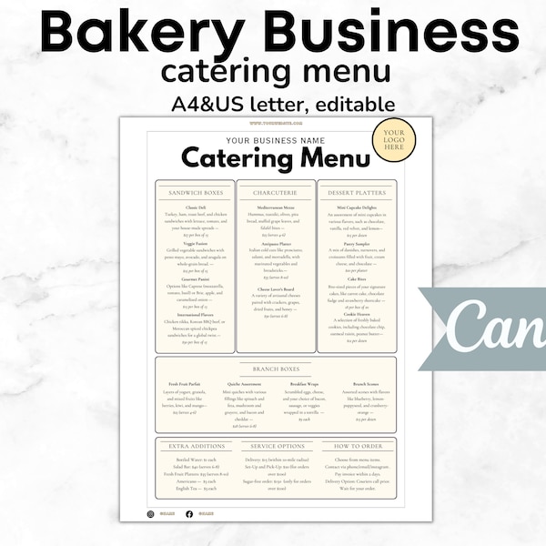 Catering Menu Editable Template Price List Restaurant Food Menu DIY Business Menu Template Customizable Menu Design Bakery Catering Menu