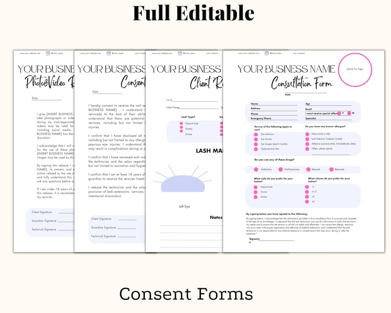 Lash tech document bundle with consent form, eyelash extensions forms , lash client record forms, lash extensions care card, lashes client record, client intake form