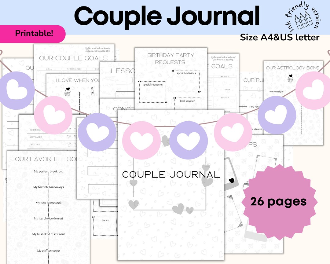 Printable Couples Journal Couples Memory Book Relationship Journal  Gender-neutral Letter Size A4 Size PDF USA & UK 