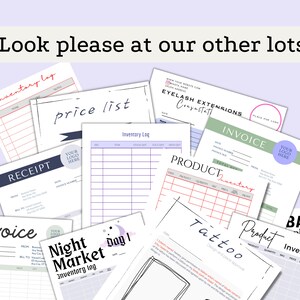 May include: A collection of printable inventory and invoice templates for small businesses. The templates feature a variety of designs, including a night market inventory log, a price list, a product inventory log, and a bakery inventory log.