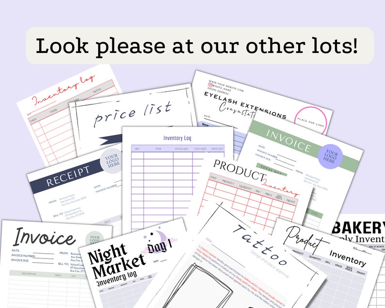 May include: A collection of printable inventory and invoice templates for small businesses. The templates feature a variety of designs, including a night market inventory log, a price list, a product inventory log, and a bakery inventory log.