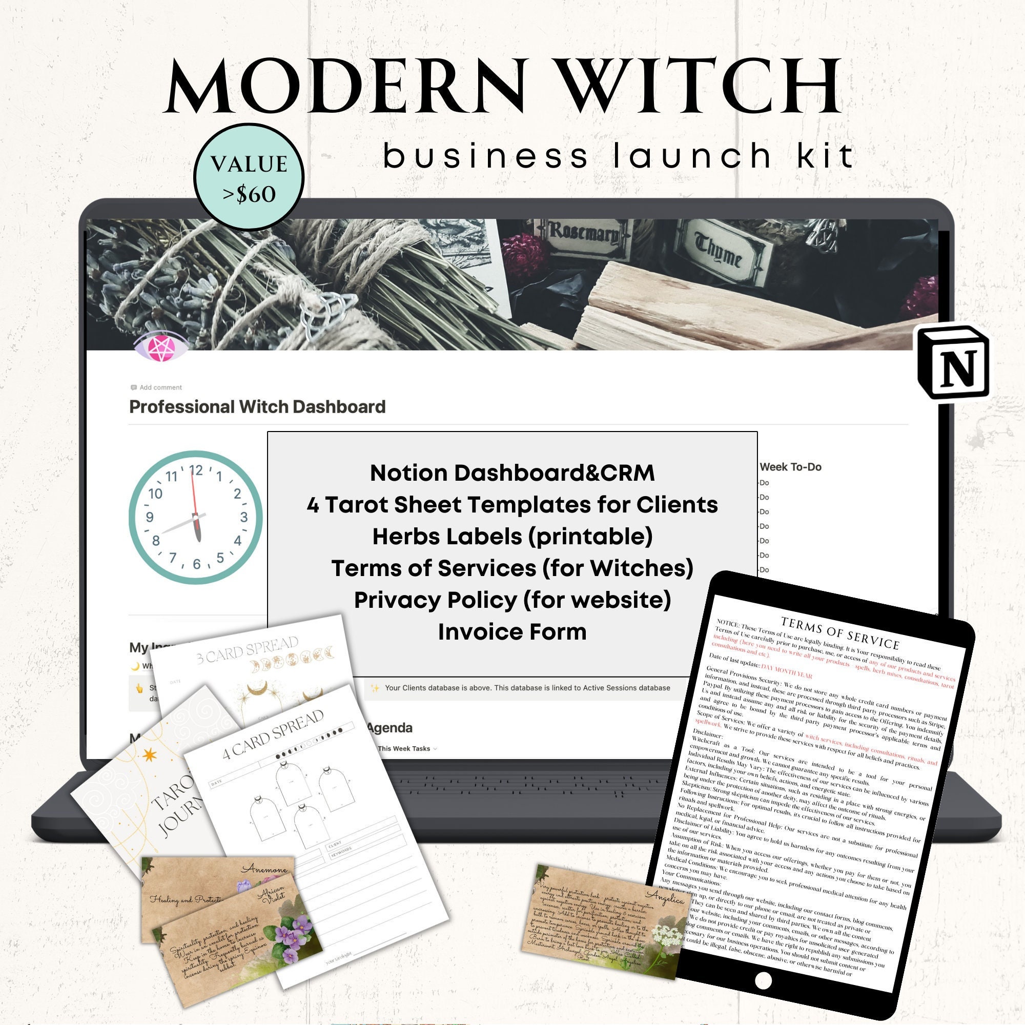 Modern Witch Bundle Witch Notion Template Tarot Witch Template Witchy Herbs Labels Witchcraft Business Spiritual Coach Bundle Witch Planner