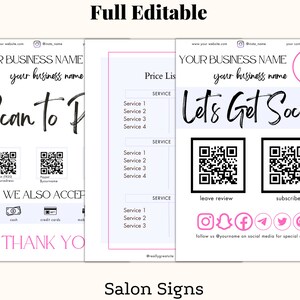 salon signs full set beauty salon Scan to pay sign, lets get social sign, QR code scan code, Price list template, canva template , scan QR code to pay sign, Venmo payment