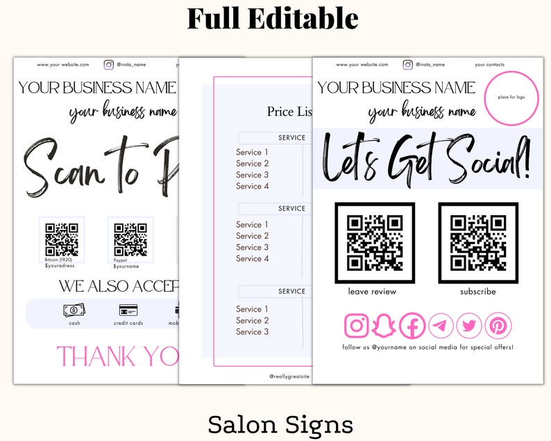 salon signs full set beauty salon Scan to pay sign, lets get social sign, QR code scan code, Price list template, canva template , scan QR code to pay sign, Venmo payment