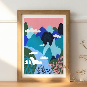 CARTEL RÍO LI - Ilustración gouache tamaño A4 - China - Naturaleza - Plantas - Azul - Verde - Rosa