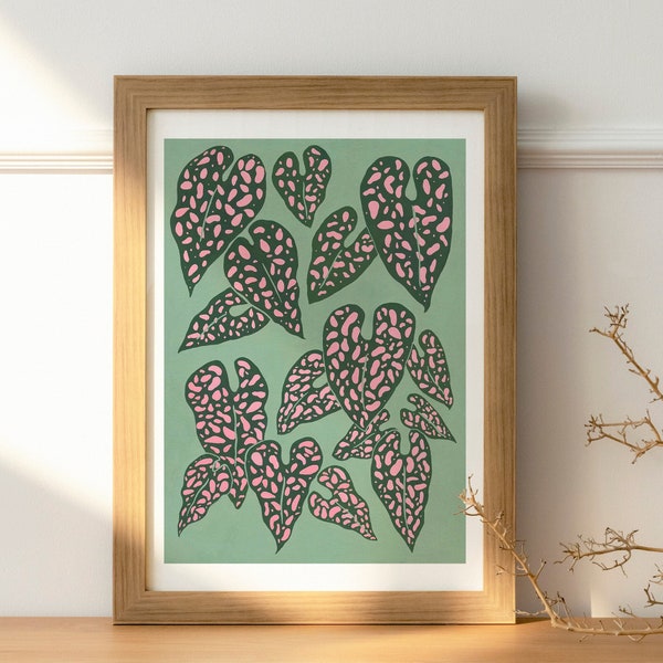 AFFICHE AGLAONEMA- Illustration à la gouache format A4 - Plantes- Feuilles- Nature - Rose- Vert