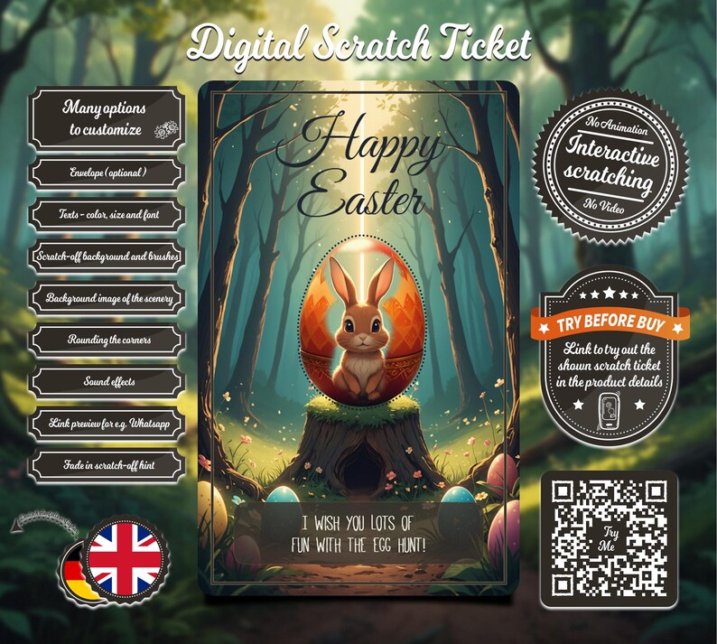 Op de afbeelding: Een digitaal kraslot met een konijn in een gouden ei. Het lot heeft een groene bosachtergrond met de tekst "Gelukkig Pasen" en "Ik wens je veel plezier met de paaseierenjacht!" Het lot bevat ook een QR-code en een "Probeer voor aankoop"-knop.