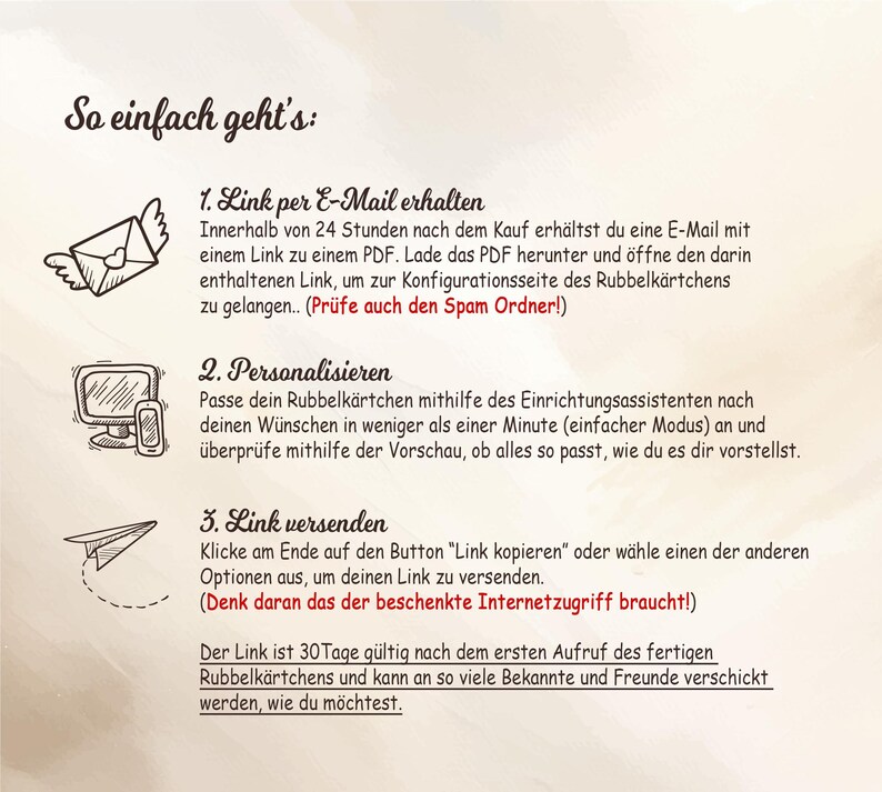 May include: A three-step guide on how to send a personalized scratch-off card. The steps are: 1. Link per E-Mail erhalten, 2. Personalisieren, and 3. Link versenden. The guide includes illustrations of an envelope, a computer screen, and a paper airplane.