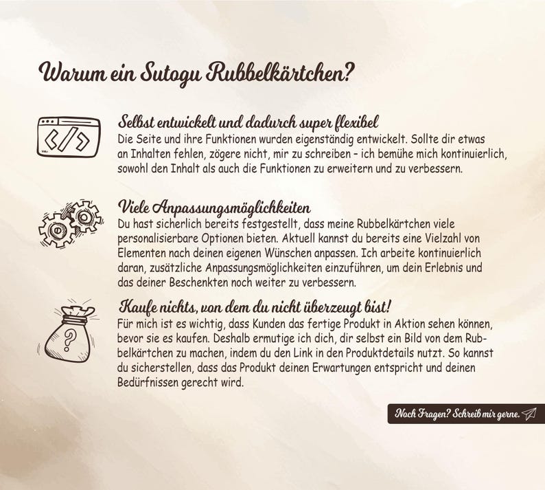 May include: A graphic with text that reads "Why a Sutogu scratch card?" and explains the benefits of using a Sutogu scratch card. The benefits include being self-developed, flexible, customizable, and allowing customers to see the product in action before purchasing.