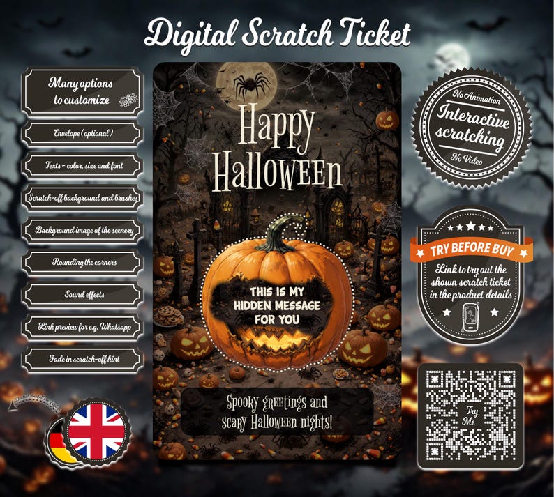 Op de afbeelding: Een digitaal kraslot met een Halloween-thema. Het lot heeft een pompoen met de tekst "This is my hidden message for you". De achtergrond is een donker bos met pompoenen en een spin.