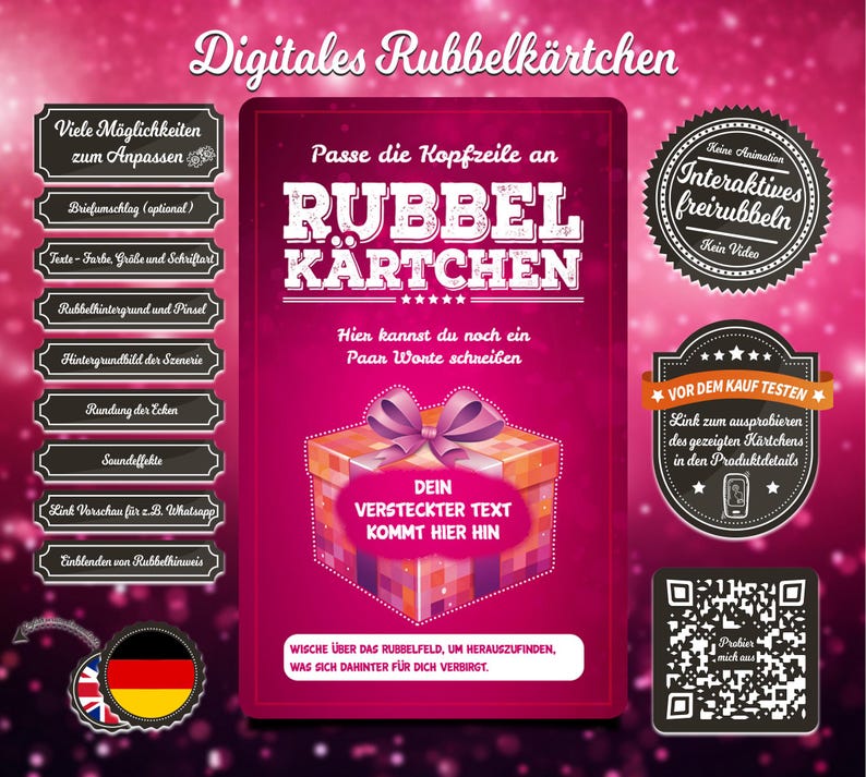 K&ouml;nnte beinhalten: Eine rosa und wei&szlig;e digitale Rubbelkarte mit einem Geschenkbox-Design. Der Text auf der Karte lautet "Digitales Rubbelk&auml;rtchen" und "Dein versteckter Text kommt hier hin".