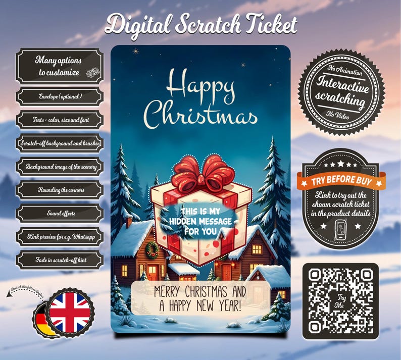 May include: A digital scratch ticket with a Christmas theme. The ticket features a snowy winter scene with a gift box that says "This is my hidden message for you." The ticket also includes the text "Happy Christmas" and "Merry Christmas and a Happy New Year!"