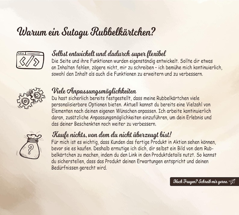 May include: A graphic illustration of a question mark inside a money bag, with text that reads "Why a Sutogu scratch card?"  The text below the image explains the benefits of using a Sutogu scratch card, including its flexibility, customization options, and the ability to see the product in action before purchasing.