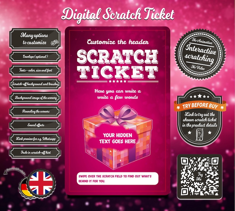 Peut inclure: Un mod&egrave;le de ticket &agrave; gratter num&eacute;rique avec un fond rose et une bo&icirc;te cadeau dor&eacute;e avec un n&oelig;ud rose. Le texte "SCRATCH TICKET" est dans une police de caract&egrave;res de style vintage. Le texte "YOUR HIDDEN TEXT GOES HERE" est au centre de la bo&icirc;te cadeau. Le mod&egrave;le comprend des options de personnalisation, telles que l'ajout d'une image de fond, de texte et d'effets sonores. Le mod&egrave;le comprend &eacute;galement un code QR et un bouton "TRY BEFORE BUY".