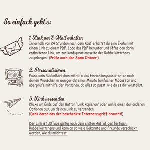 K&ouml;nnte beinhalten: Beige Grafik mit dem Text "So einfach geht's:" und nummerierten Schritten. Die Schritte umfassen den Erhalt eines Links per E-Mail, die Personalisierung und das Senden des Links. Illustrationen umfassen einen Umschlag, einen Computer und ein Telefon sowie ein Papierflugzeug.