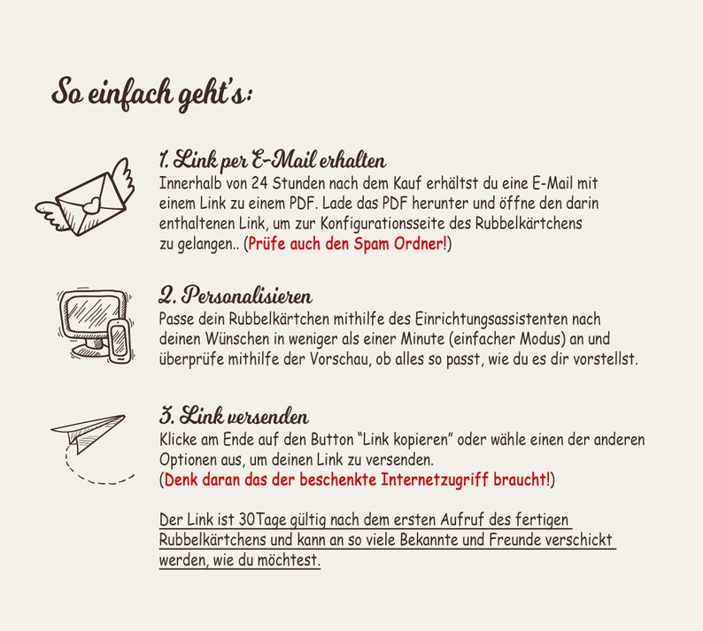 K&ouml;nnte beinhalten: Beige Grafik mit dem Text "So einfach geht's:" und nummerierten Schritten. Die Schritte umfassen den Erhalt eines Links per E-Mail, die Personalisierung und das Senden des Links. Illustrationen umfassen einen Umschlag, einen Computer und ein Telefon sowie ein Papierflugzeug.