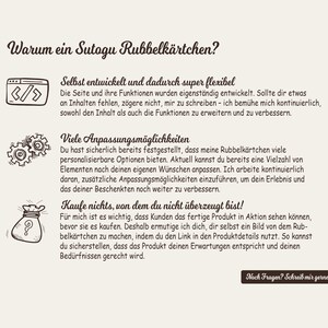 K&ouml;nnte beinhalten: Eine Grafik mit braunem Hintergrund und wei&szlig;em Text, der die Vorteile der Verwendung einer Sutogu Rubbelkarte erkl&auml;rt. Der Text enth&auml;lt die S&auml;tze "Eigenentwickelt und daher super flexibel", "Viele Anpassungsm&ouml;glichkeiten" und "Kaufe nichts, wovon du nicht &uuml;berzeugt bist!"