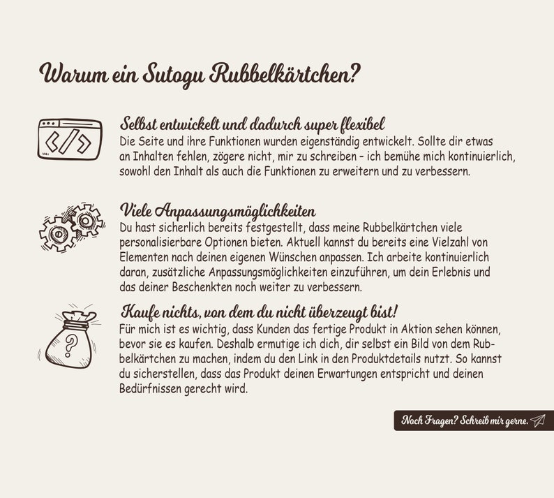 K&ouml;nnte beinhalten: Eine Grafik mit braunem Hintergrund und wei&szlig;em Text, der die Vorteile der Verwendung einer Sutogu Rubbelkarte erkl&auml;rt. Der Text enth&auml;lt die S&auml;tze "Eigenentwickelt und daher super flexibel", "Viele Anpassungsm&ouml;glichkeiten" und "Kaufe nichts, wovon du nicht &uuml;berzeugt bist!"