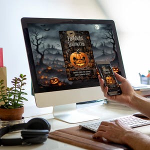 May include: A computer screen and a smartphone both display a Halloween-themed image of a jack-o'-lantern with the text "Fr&ouml;hliche Halloween" and "Gespenster, Geschenke und schaurig sch&ouml;ne Halloween Sticker".