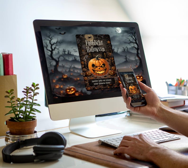 May include: A computer screen and a smartphone both display a Halloween-themed image of a jack-o'-lantern with the text "Fr&ouml;hliche Halloween" and "Gespenster, Geschenke und schaurig sch&ouml;ne Halloween Sticker".