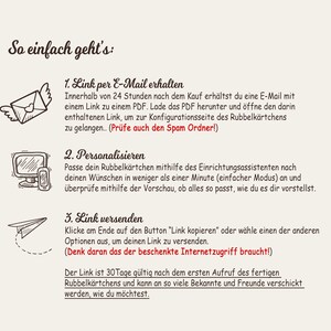 K&ouml;nnte beinhalten: Eine handgezeichnete Illustration mit drei Schritten, wie man eine personalisierte Rubbelkarte versendet. Die Schritte sind: 1. Link per E-Mail erhalten, 2. Personalisieren und 3. Link versenden. Die Illustration enth&auml;lt ein Papierflugzeug, einen Umschlag und ein Smartphone.