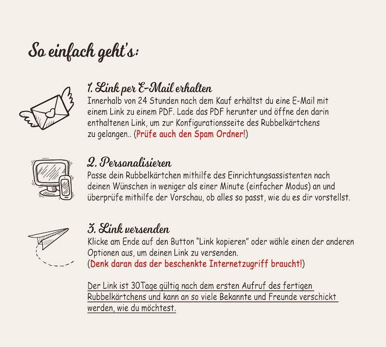 K&ouml;nnte beinhalten: Eine handgezeichnete Illustration mit drei Schritten, wie man eine personalisierte Rubbelkarte versendet. Die Schritte sind: 1. Link per E-Mail erhalten, 2. Personalisieren und 3. Link versenden. Die Illustration enth&auml;lt ein Papierflugzeug, einen Umschlag und ein Smartphone.