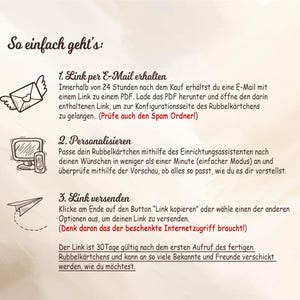 May include: A three-step guide on how to send a personalized scratch-off card. The steps are: 1. Link per E-Mail erhalten, 2. Personalisieren, and 3. Link versenden. The guide includes illustrations of an envelope, a computer screen, and a paper airplane.