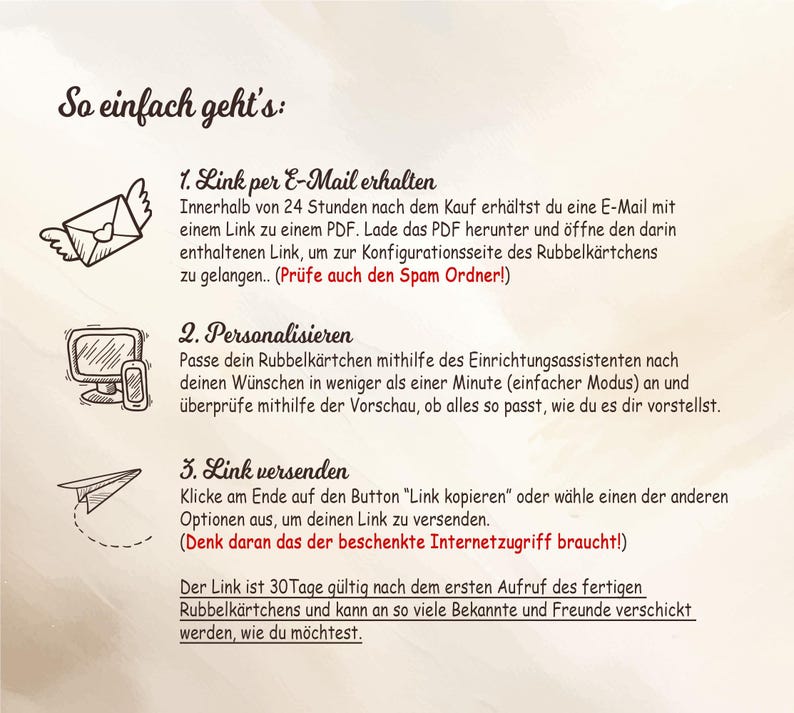 May include: A three-step guide on how to send a personalized scratch-off card. The steps are: 1. Link per E-Mail erhalten, 2. Personalisieren, and 3. Link versenden. The guide includes illustrations of an envelope, a computer screen, and a paper airplane.