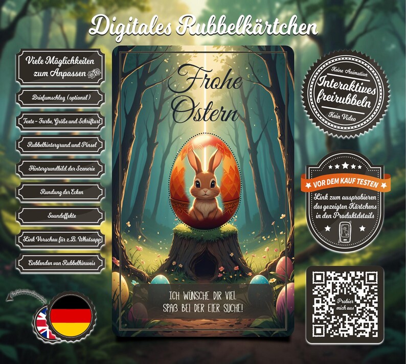 K&ouml;nnte beinhalten: Digitale Rubbelkarte mit einer Waldszene und einem Osterhasen in einem Ei. Die Karte sagt "Frohe Ostern". Enth&auml;lt Anpassungsoptionen und einen QR-Code f&uuml;r interaktive Nutzung.