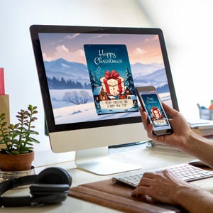 May include: A computer screen and a smartphone both display a digital Christmas card with a red and white gift box, a house, and the text "Happy Christmas" and "Merry Christmas and a Happy New Year".
