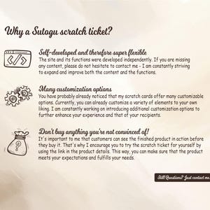 May include: A graphic with three reasons why you should choose a Sutogu scratch ticket. The graphic features icons of code, gears, and a money bag. The text reads "Self-developed and therefore super flexible", "Many customization options", and "Don't buy anything you're not convinced of!"
