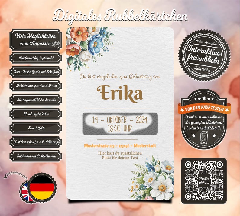 May include: A digital scratch-off card with a floral design. The card is for a birthday party and says "You are invited to the birthday of Erika" with the date and time of the party. The card also has a QR code and a link to test the card before purchasing.