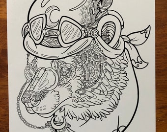 Steampunk Bear, Colouring in page, Downloadable, Digital file Digital/ Print/ Hand Drawn