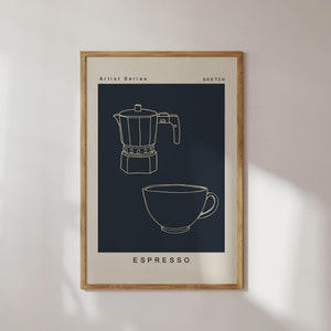 Coffee Poster Printable Wall Art Trendy Coffee Print Retro Moka Pot Poster Espresso Cup Wall Art Food Illustration Modern Kitchen Art