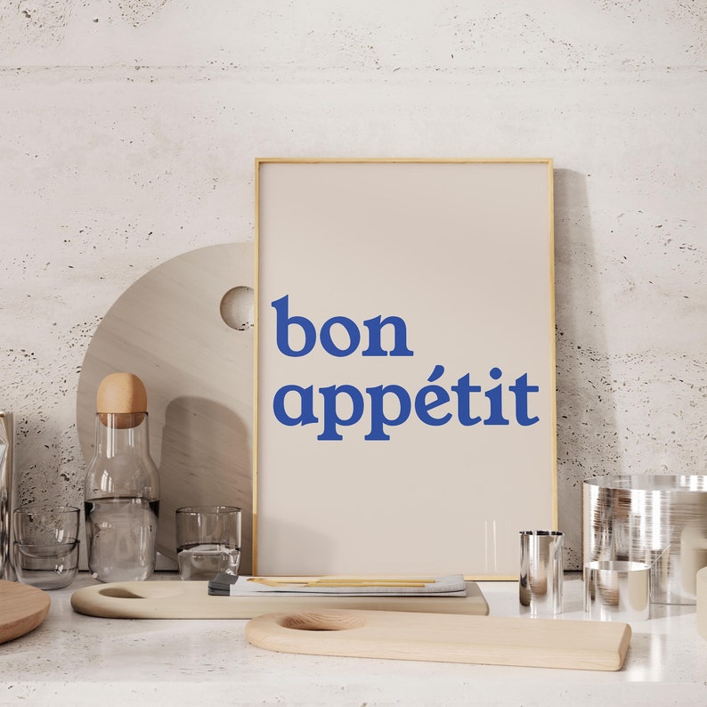 Minimalist Kitchen Decor Bon Appetit Print Blue Quote Art Digital Download Blue Kitchen Wall Art Printable Trendy Wall Art Aesthetic Poster image 1