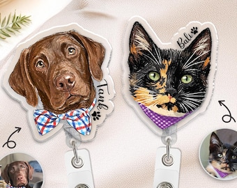 Custom Pet Portrait From Photo Badge Reel, Pet Memorial Gift, Dog Portrait Badge Reel, Cat Lover Gift, Nurse Badge Reel, Gift for Pet Lovers