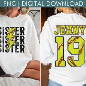 Personalized Softball Sister PNG File, Custom Game Day Softball Sister Shirt Png, Custom Softball Name And Number Png, Softball Season Png