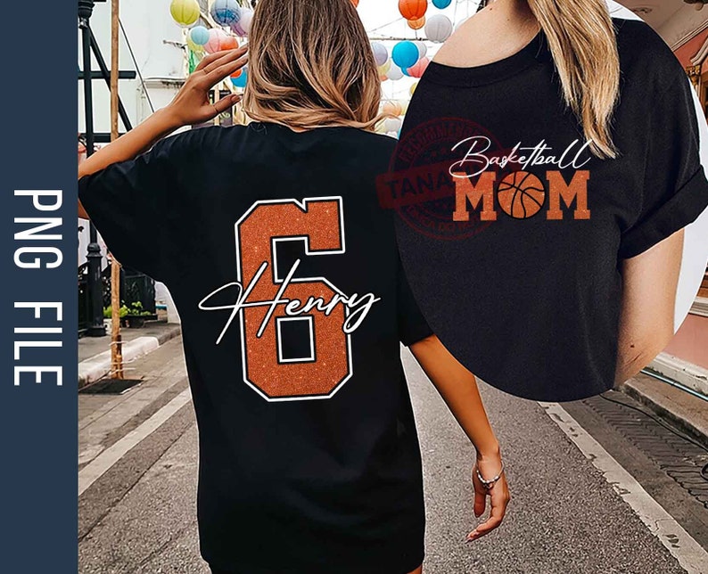 May include: Black t-shirt with an orange glitter number 6 and the name "Henry" in white script. The back of the shirt has the text "Basketball Mom" with a basketball graphic.