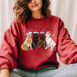 Puede incluir: Sudadera roja con un dise&ntilde;o navide&ntilde;o que presenta cuatro perros con gorros de Pap&aacute; Noel y rodeados de luces navide&ntilde;as de colores.