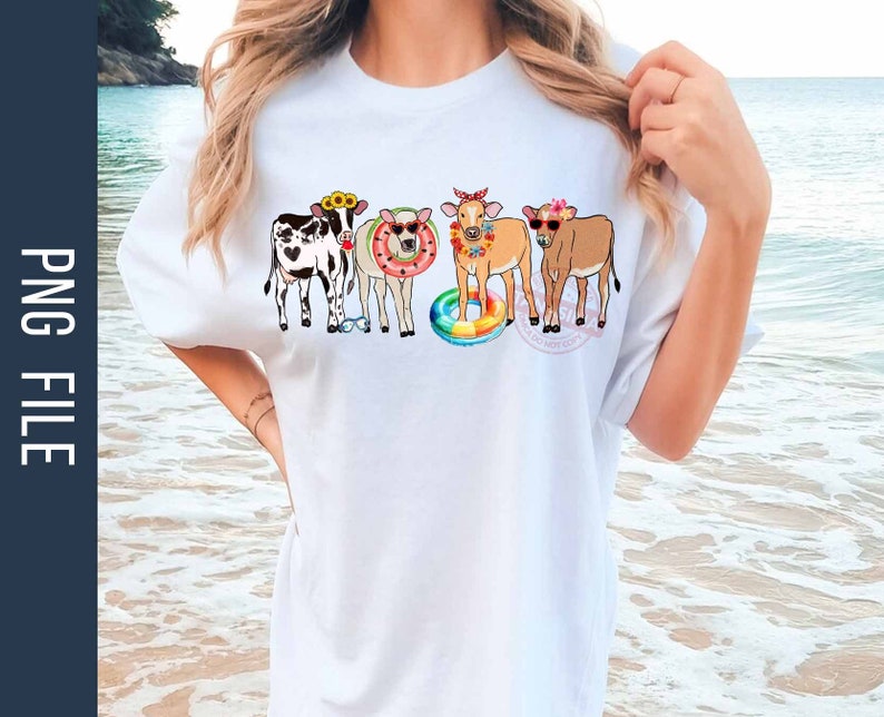 May include: White t-shirt with a graphic of four cows wearing sunglasses and floral headbands. The cows are standing in a line and the one in the middle is holding a rainbow float.