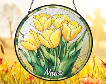 Personalized Tulips Glass Suncatcher, Flower Glass Art, Tulip Gift, Gift For Mom, Gift For Grandma, Mothers Day Gift, Window Hanging