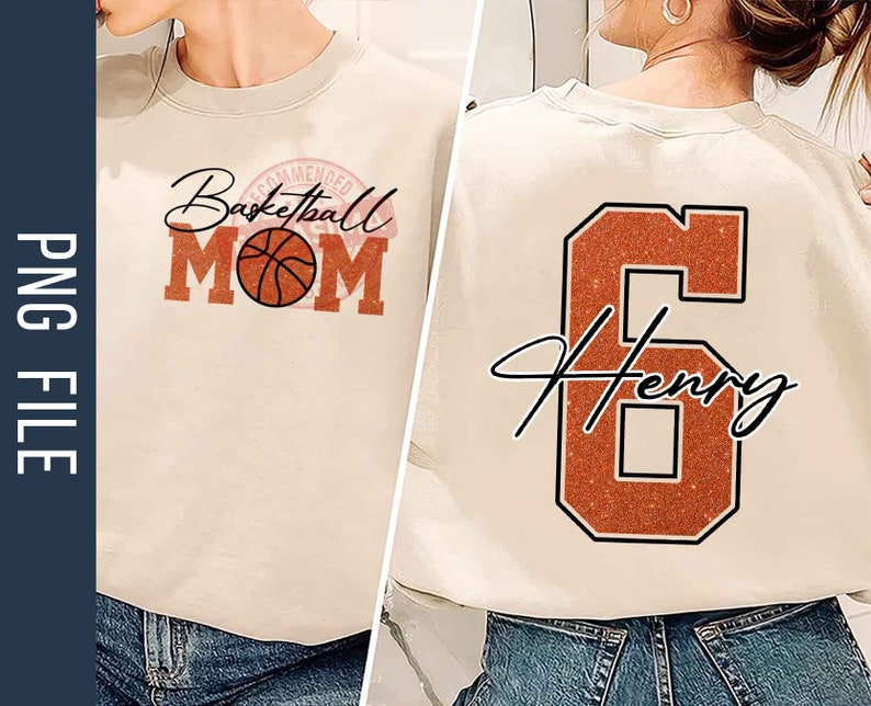 May include: A beige sweatshirt with the text "Basketball Mom" in a red, white, and black design. The sweatshirt also features a basketball graphic. The back of the sweatshirt has a large orange number 6 with the text "Henry" in black.